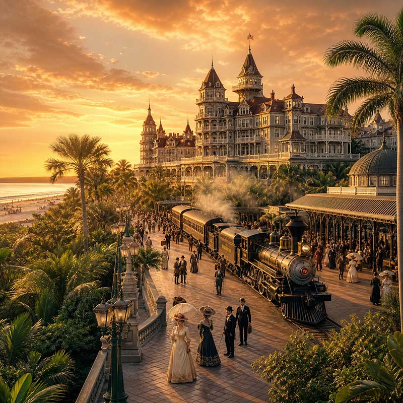 A vintage steam train at a palm-lined station by the beach, with people in elegant 19th-century attire walking near a grand Victorian hotel at sunset.