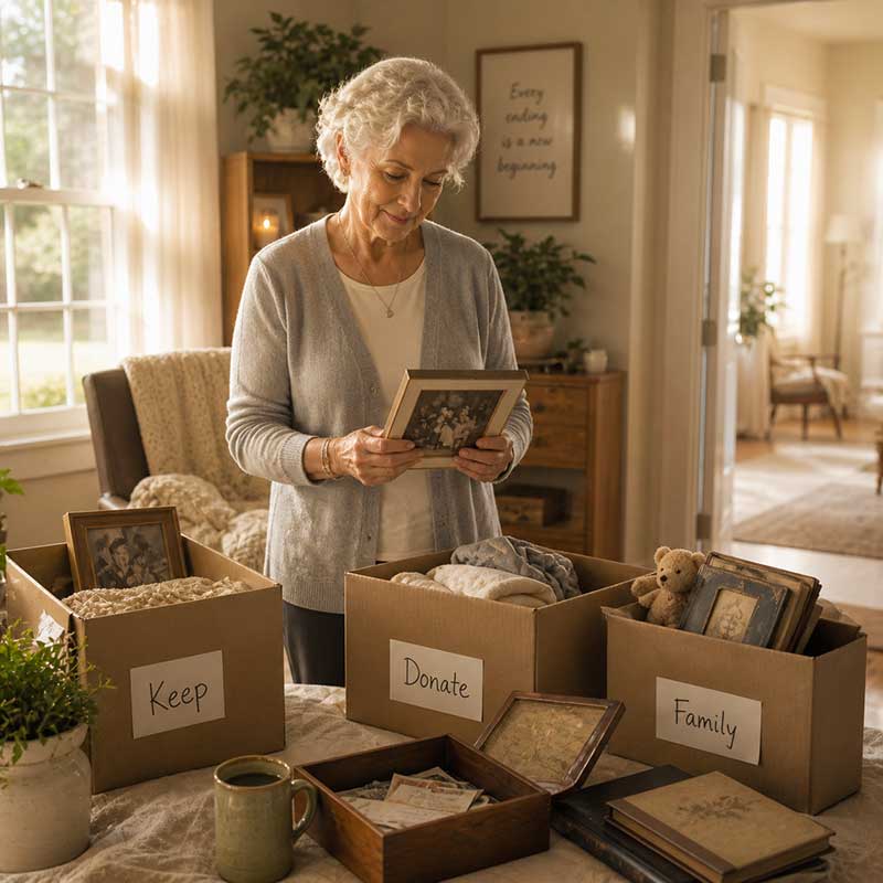 An elderly woman stands in a sunlit room, sorting old photos into labeled boxes: "Keep," "Donate," and "Family." She smiles gently while holding a framed picture, surrounded by keepsakes and cozy decor.
